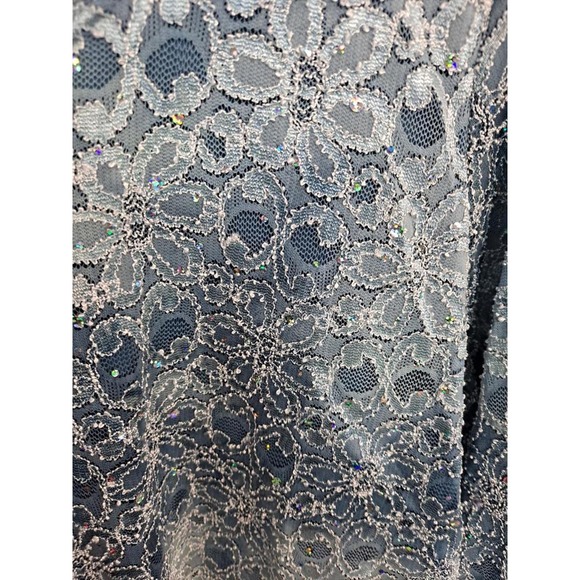 White and Blue Floral Blouse with Sequin on Sheer‎ Top and Attached Blue Under - Picture 2 of 5